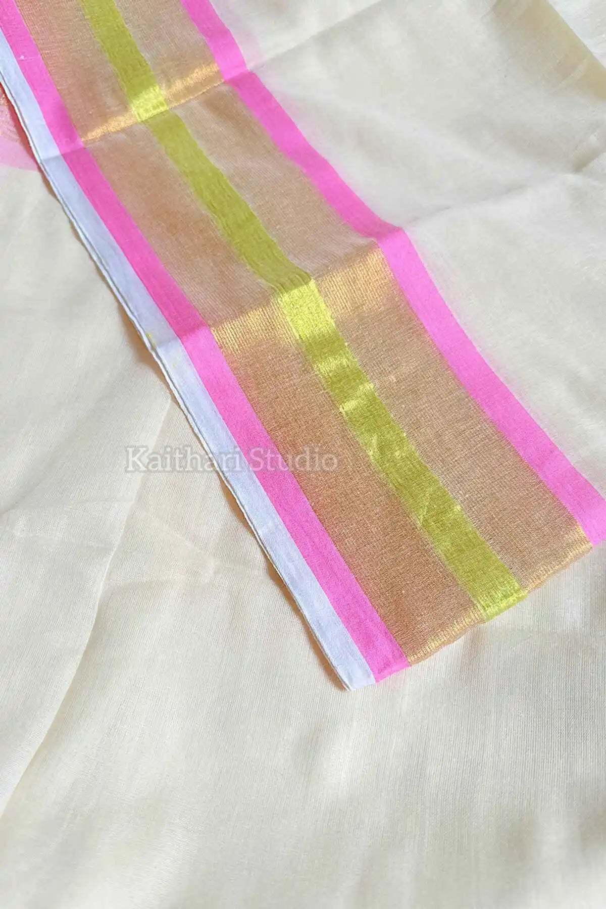 Onam Special Mul Cotton - Baby Pink Border - KS065