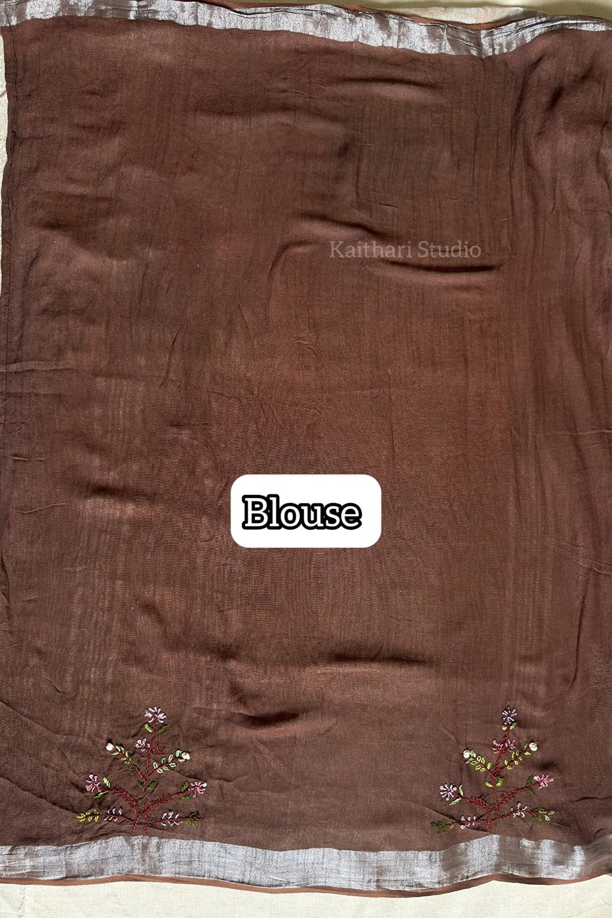 Hand Embroidered Linen Cotton Saree- Chocolate- KS084