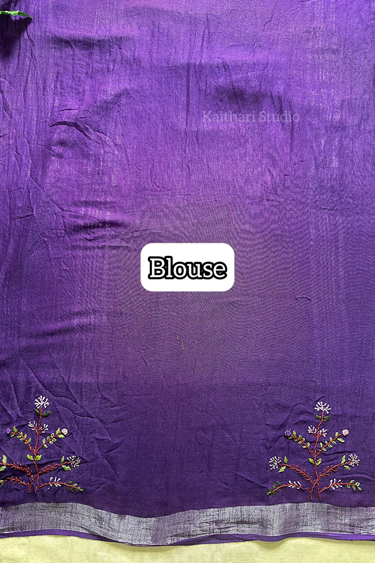 Hand Embroidered Linen Cotton Saree- Lavender - KS082