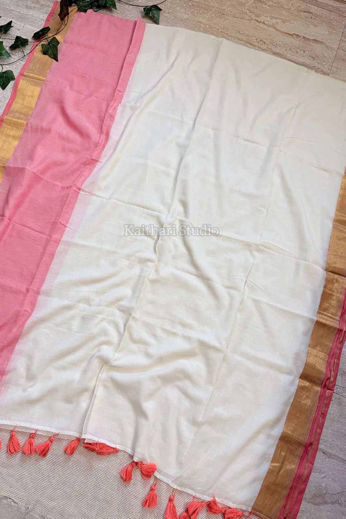 Onam Special Mul Cotton - Peach Border- KS062