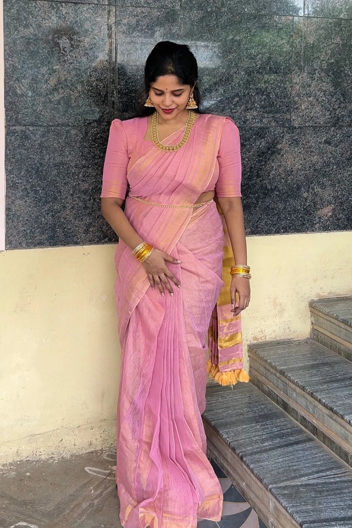 Linen Zari Tissue Saree - Baby Pink - KS054