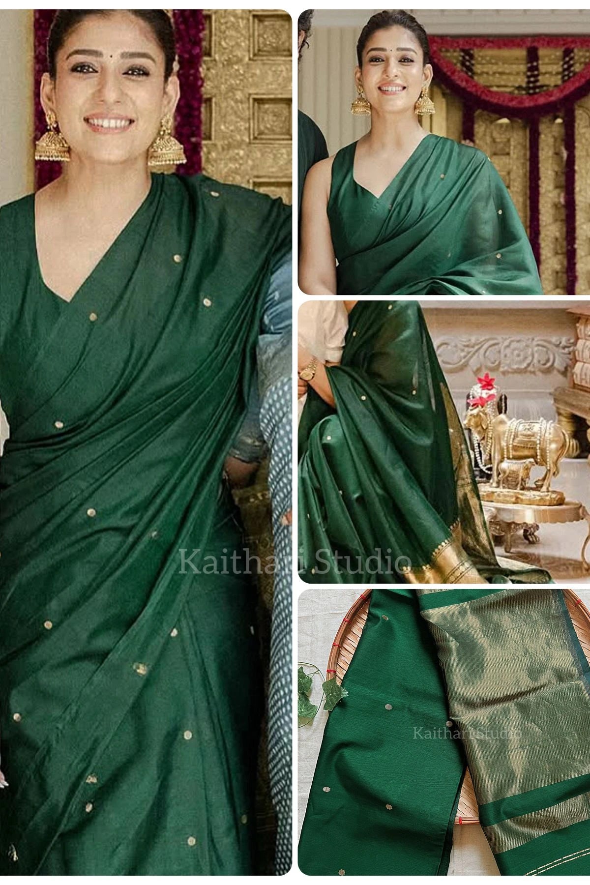 Nayanthra Inspired Borderless Maheshwari Silk Cotton Saree – Dark Green KS126