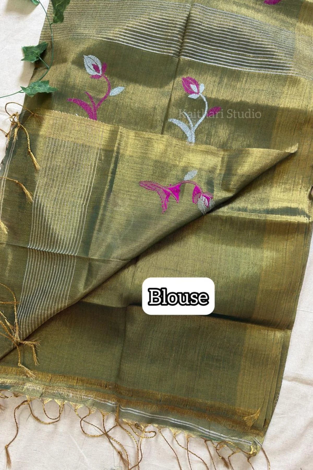 Handloom Tulip Linen Zari Saree - Mehendi Green - KS109