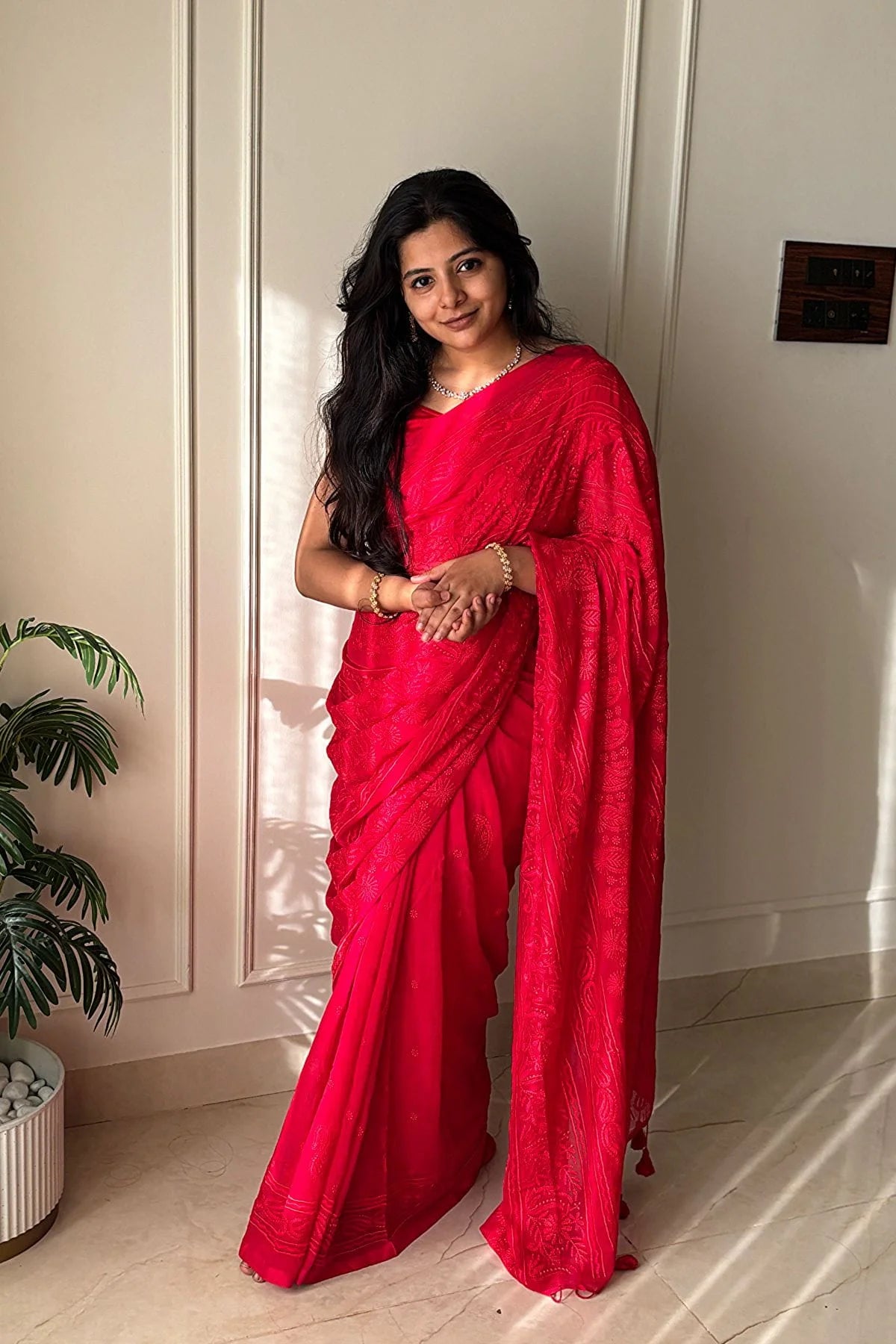 Chikankari Embroidery Mul Cotton Saree - Red -KS097
