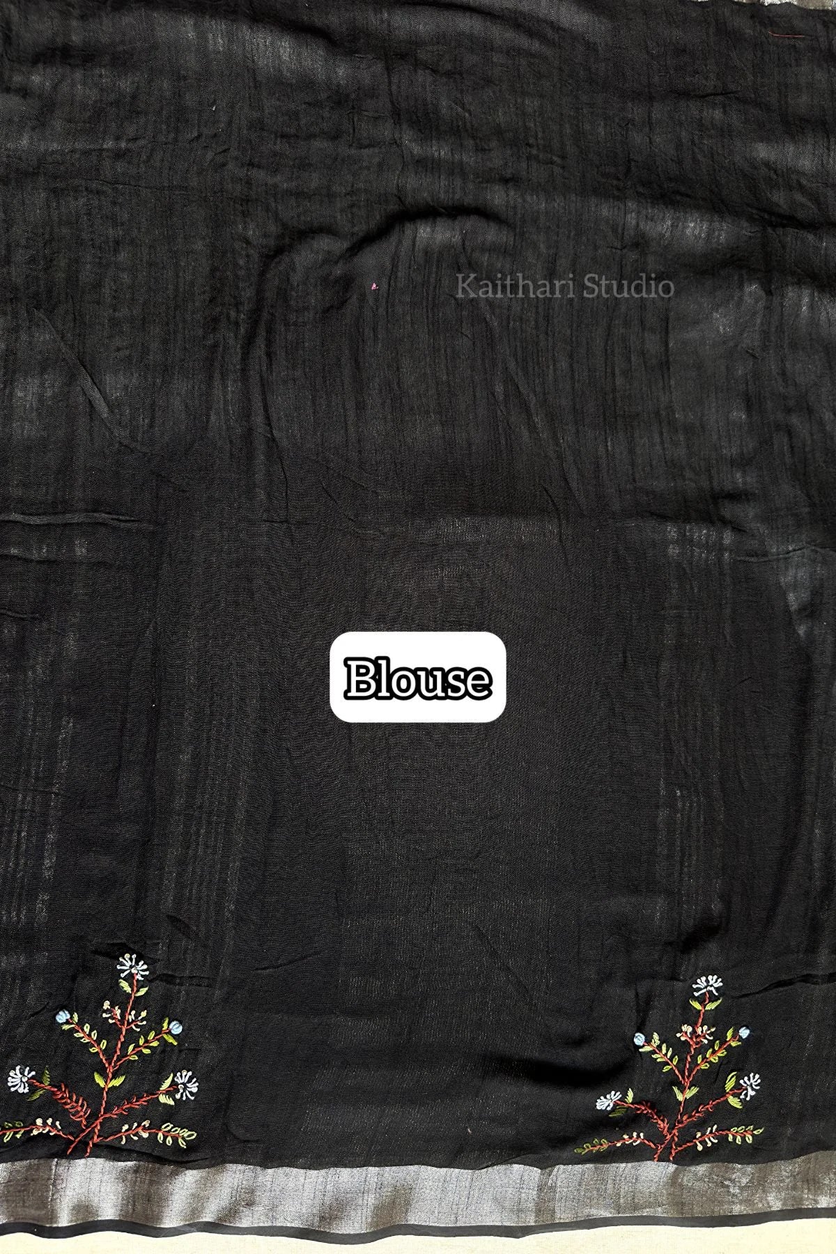 Hand Embroidered Linen Cotton Saree- Black - KS083