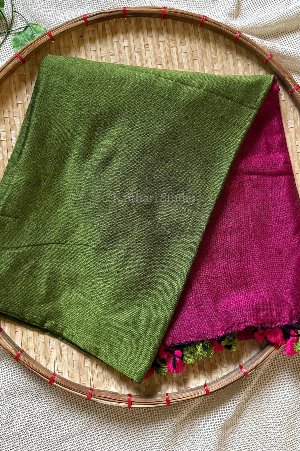 Soft Cotton Plain Saree - Green with Pink - KS056