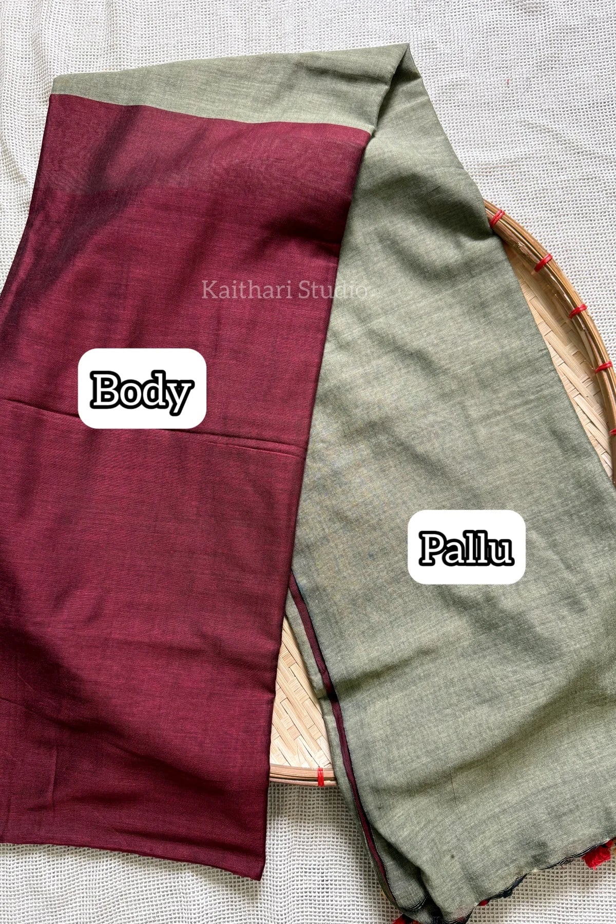 Soft Cotton Plain Saree - Maroon with Grey - KS057