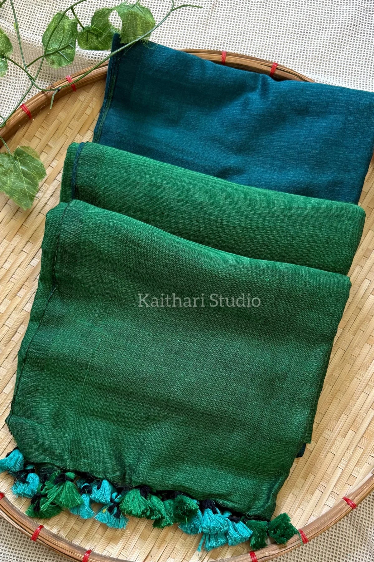 Soft Cotton Plain Saree - Peacock blue with Green - KS058