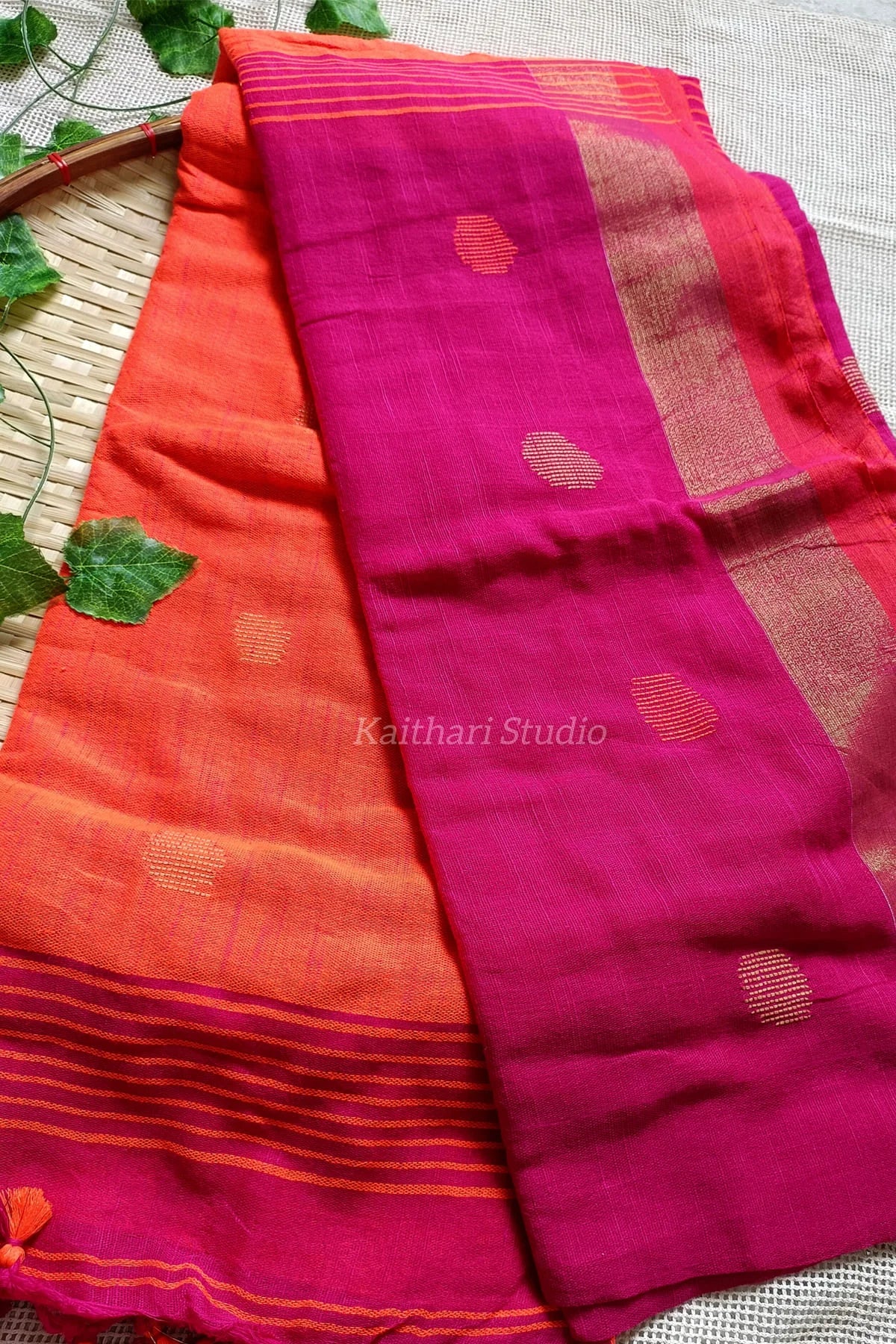 Ball Butta Khadi cotton - Pink with Orange - KS012