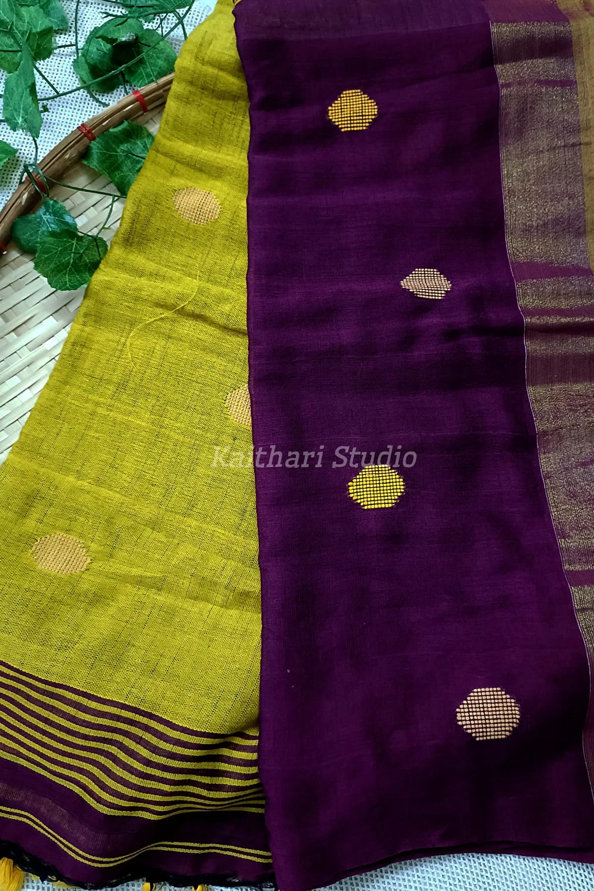 Ball Butta Khadi cotton - Wine with Lemon yellow - KS013
