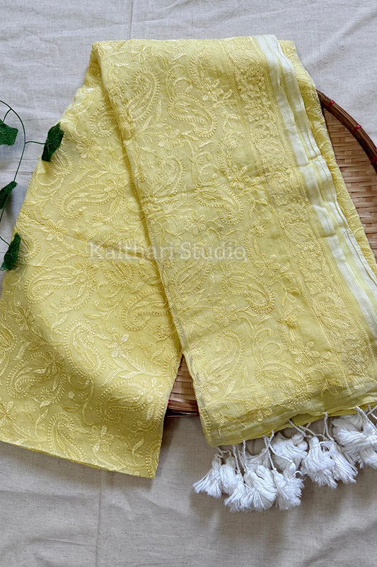 Chikankari Embroidery Mul Cotton Saree – Pastel Yellow KS138