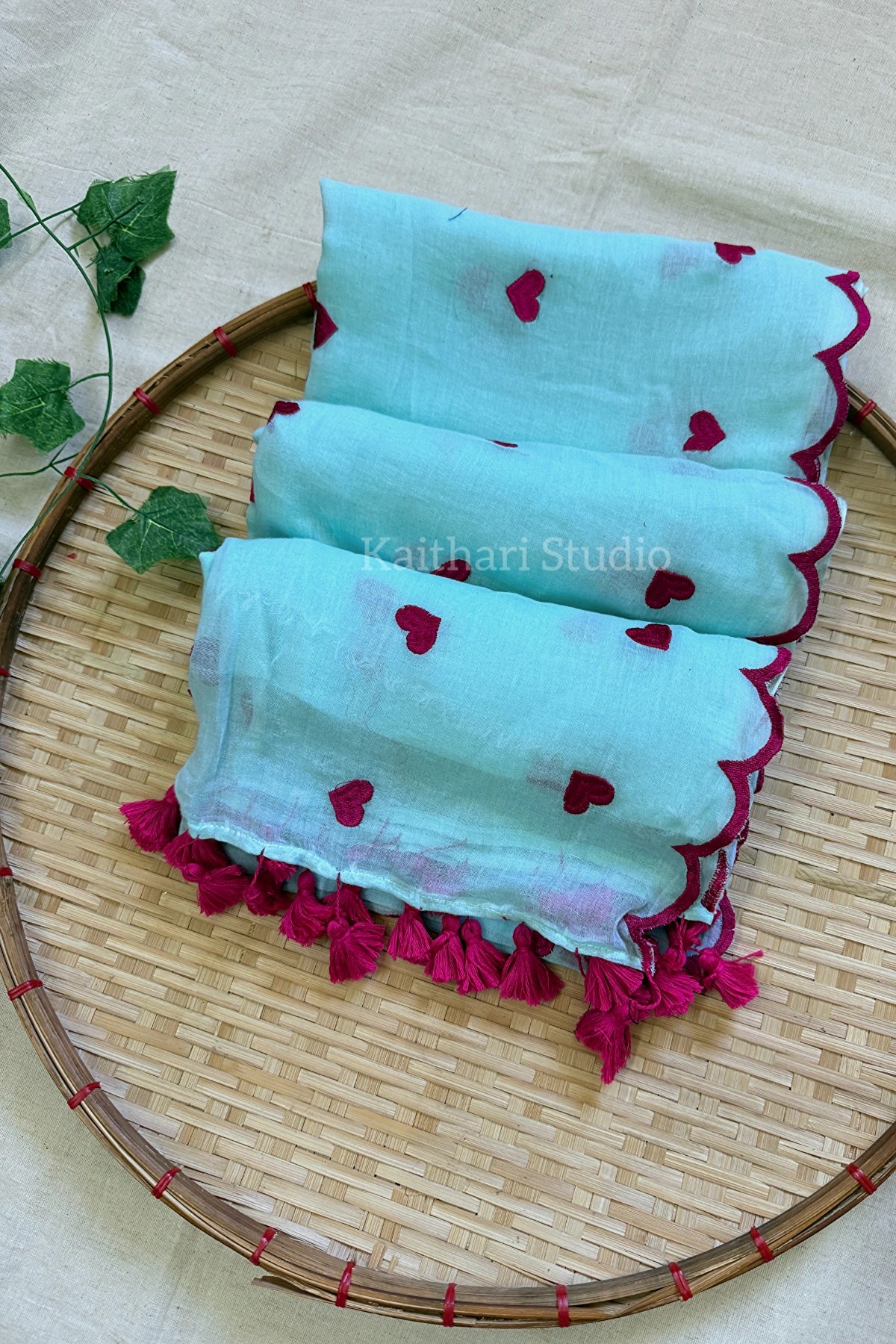 Heart Embroidery Scalloped Mul Cotton Sarees – Sky blue with Pink - KS143