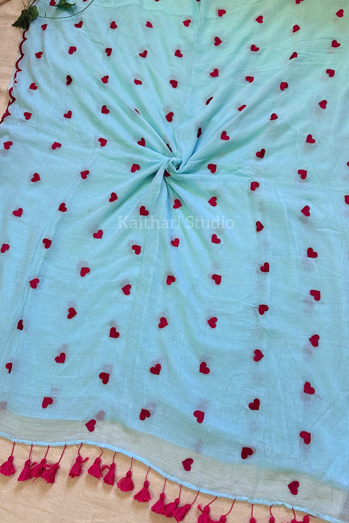 Heart Embroidery Scalloped Mul Cotton Sarees – Sky blue with Pink - KS143