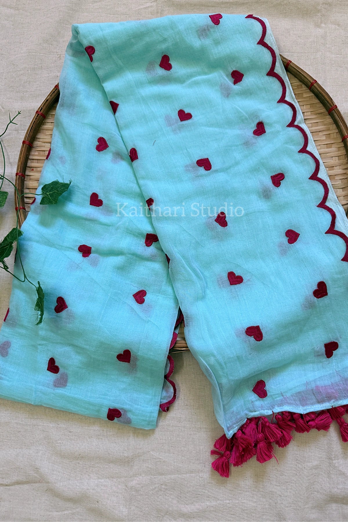 Heart Embroidery Scalloped Mul Cotton Sarees – Sky blue with Pink - KS143