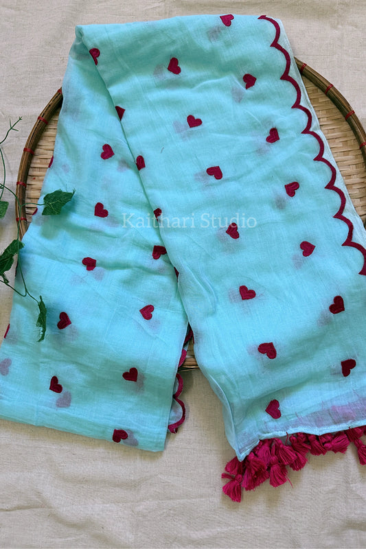 Heart Embroidery Scalloped Mul Cotton Sarees – Sky blue with Pink - KS143