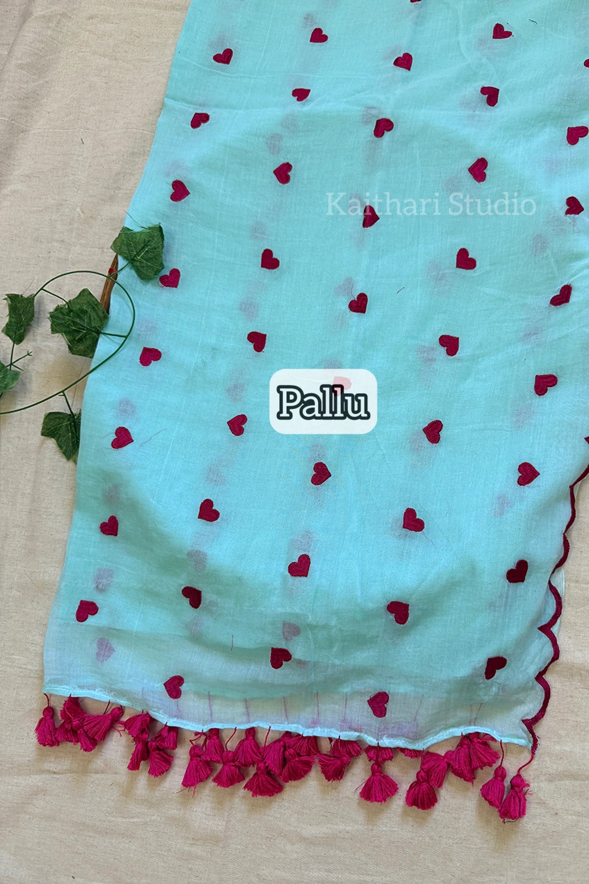 Heart Embroidery Scalloped Mul Cotton Sarees – Sky blue with Pink - KS143