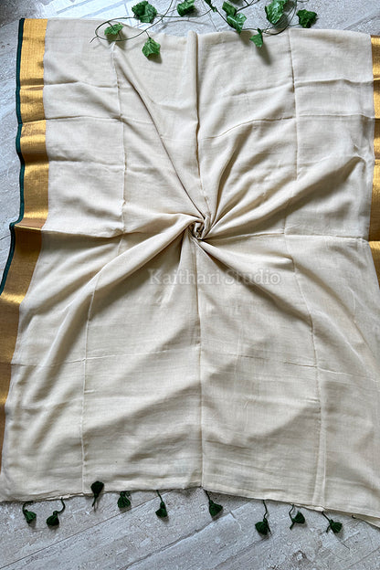 Onam Special Mul Cotton - Green Border- KS063