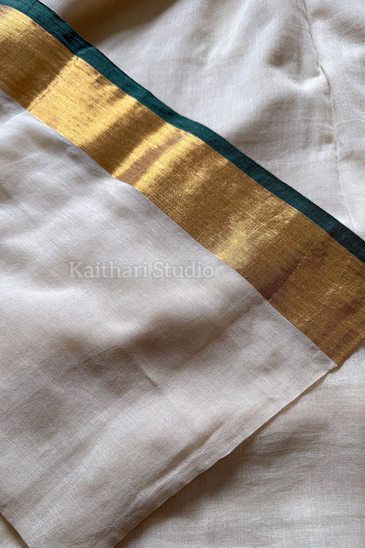 Onam Special Mul Cotton - Green Border- KS063