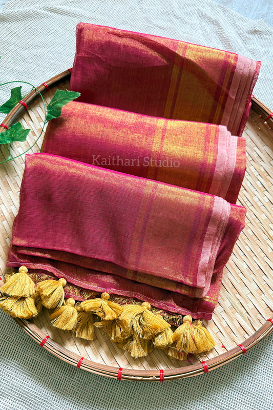 Linen Zari Tissue Saree - Rani Pink - KS055