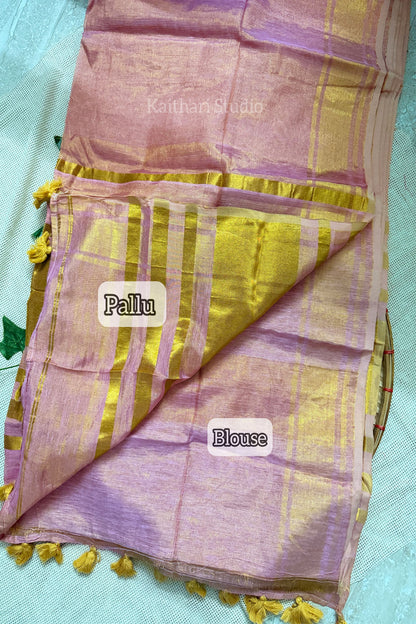 Linen Zari Tissue Saree - Baby Pink - KS054