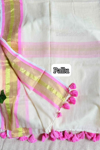 Onam Special Mul Cotton - Baby Pink Border -  KS065
