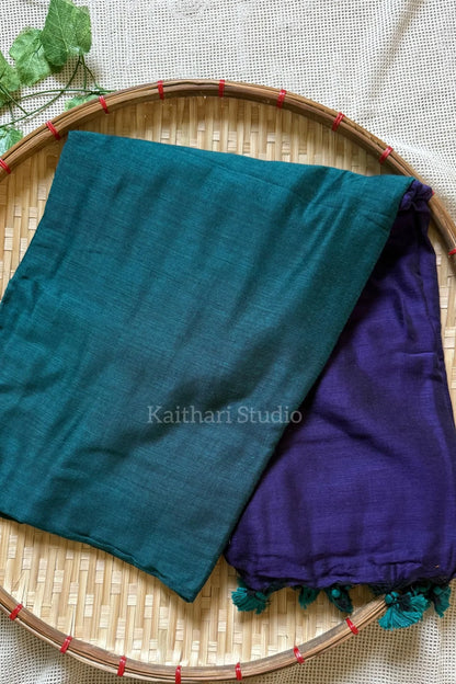 Soft Cotton Plain Saree - Teal blue with Purple - KS059