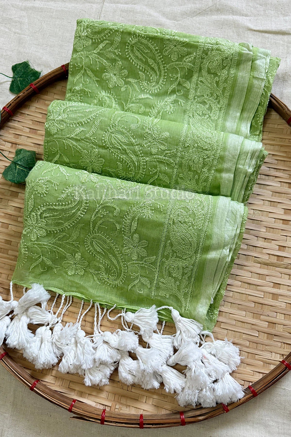 Chikankari Embroidery Mul Cotton Saree – Pastel Green KS137