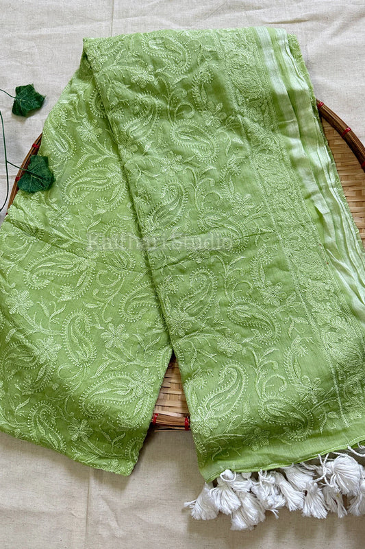 Chikankari Embroidery Mul Cotton Saree – Pastel Green KS137