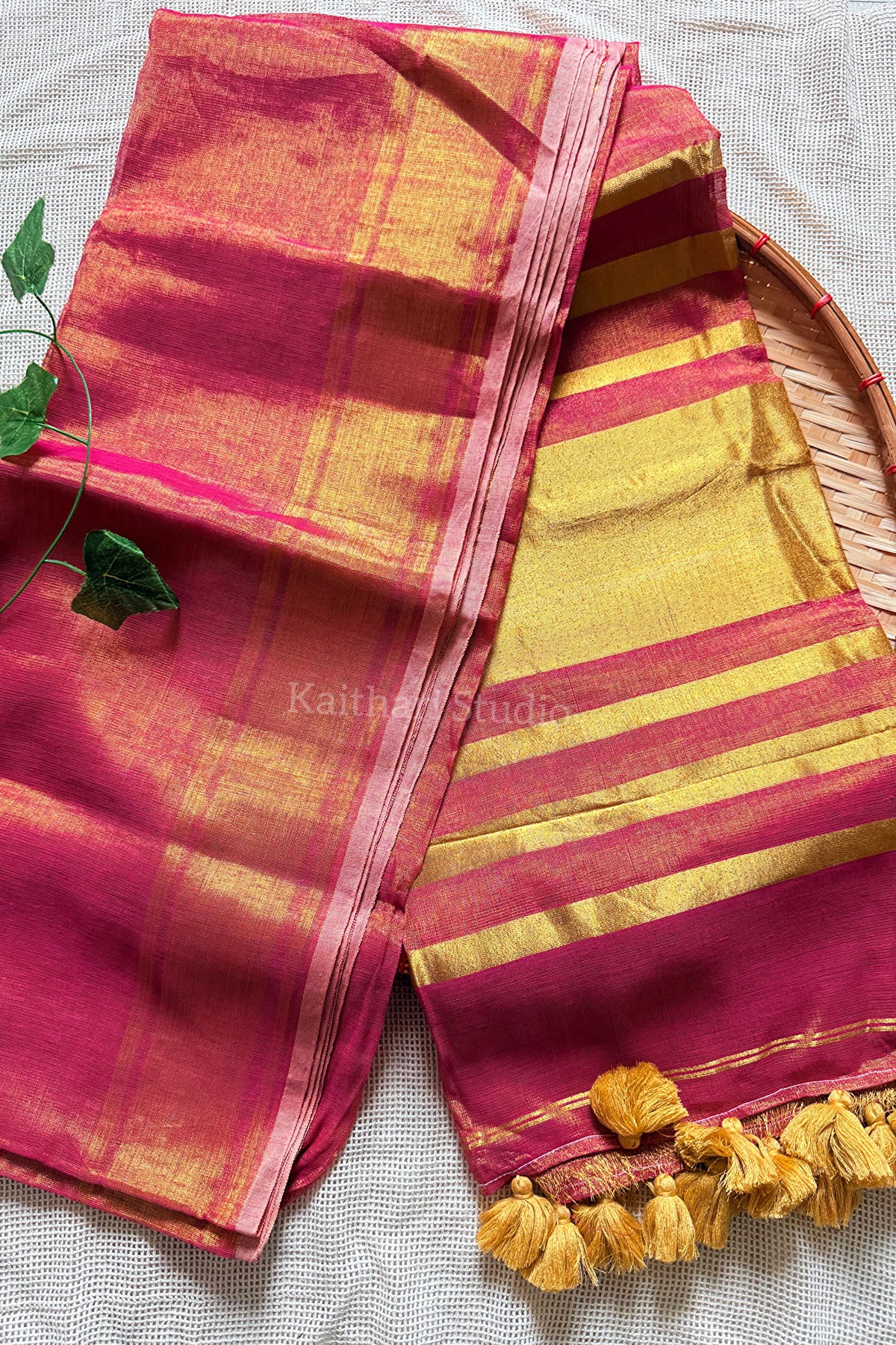 Linen Zari Tissue Saree - Rani Pink - KS055