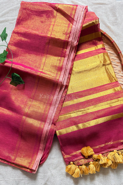 Linen Zari Tissue Saree - Rani Pink - KS055