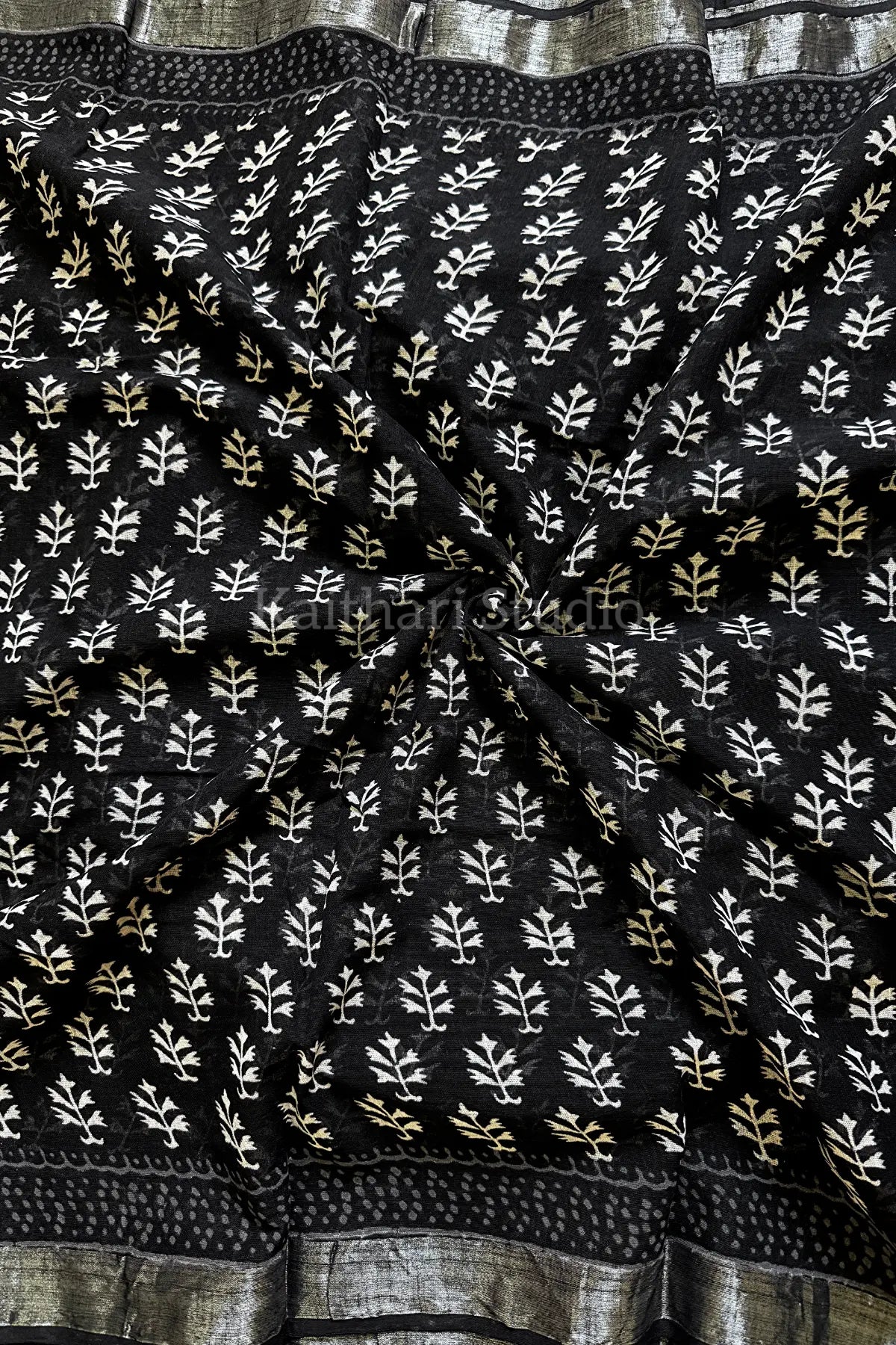 Handblock Printed Linen Cotton - Black - KS116