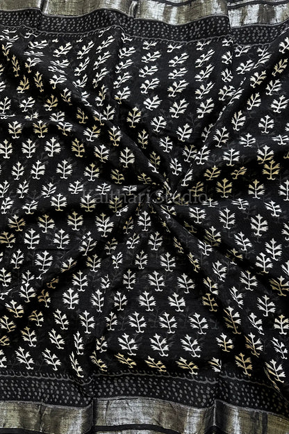 Handblock Printed Linen Cotton - Black - KS116