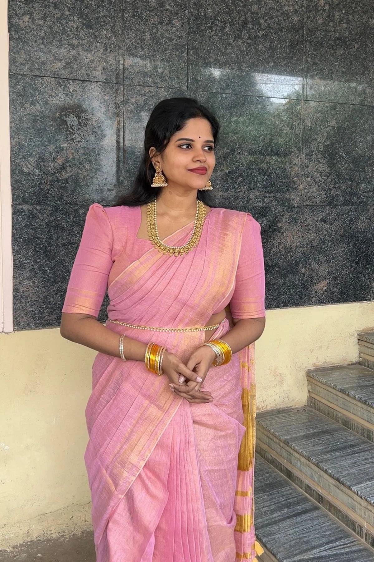 Linen Zari Tissue Saree - Baby Pink - KS054