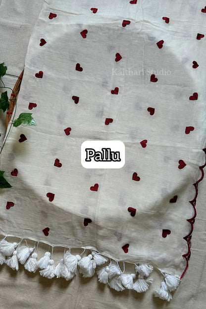 Heart Embroidery Scalloped Mul Cotton Sarees – Cream with Maroon - KS112