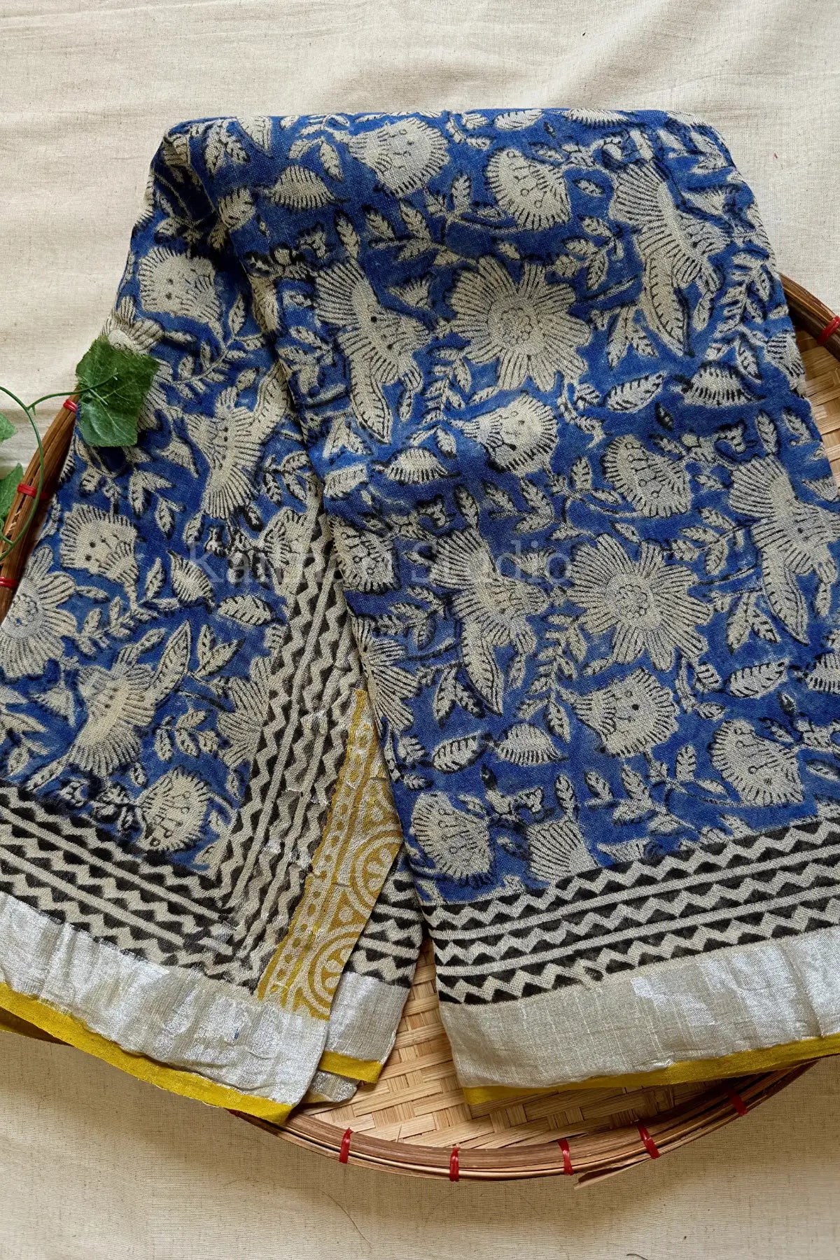 Handblock Printed Linen Cotton - Blue with Sandal - KS117
