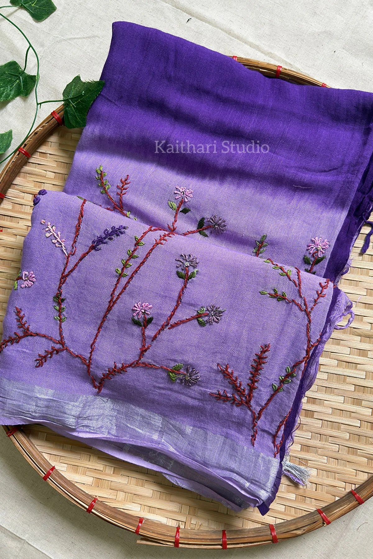 Hand Embroidered Linen Cotton Saree- Lavender - KS082