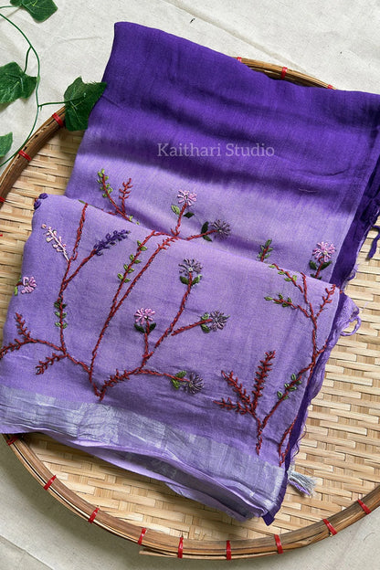 Hand Embroidered Linen Cotton Saree- Lavender - KS082