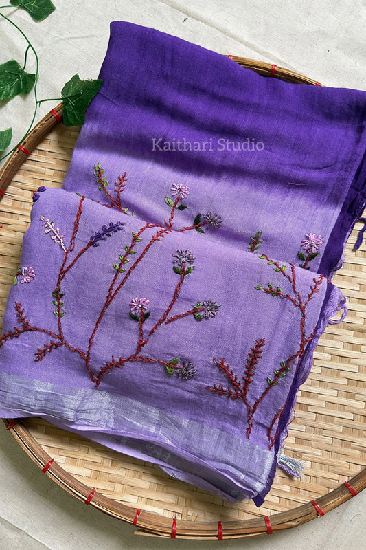 Hand Embroidered Linen Cotton Saree- Lavender - KS082