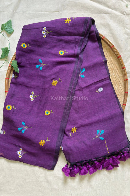 Multicolor Embroidery Mul Cotton Saree – Violet - KS091