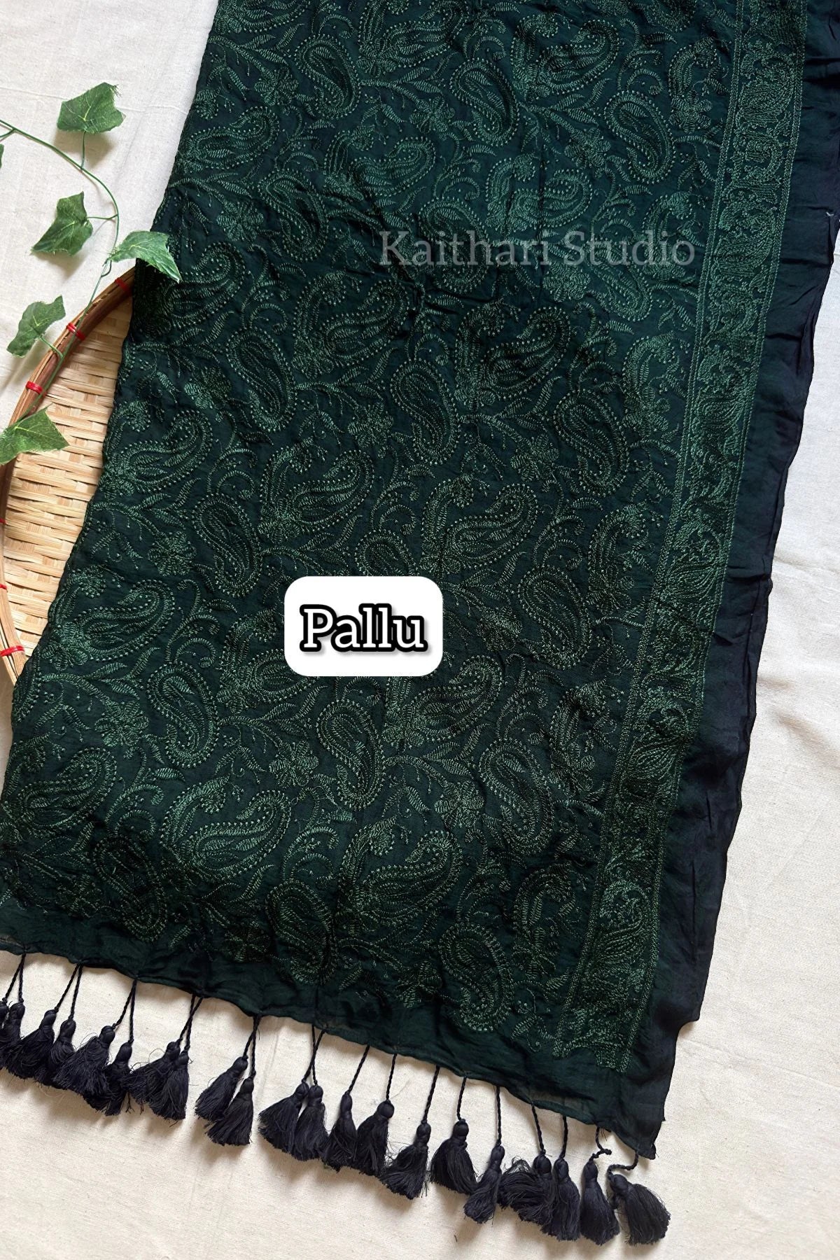 Chikankari Embroidery Mul Cotton Saree - Dark Green - KS099