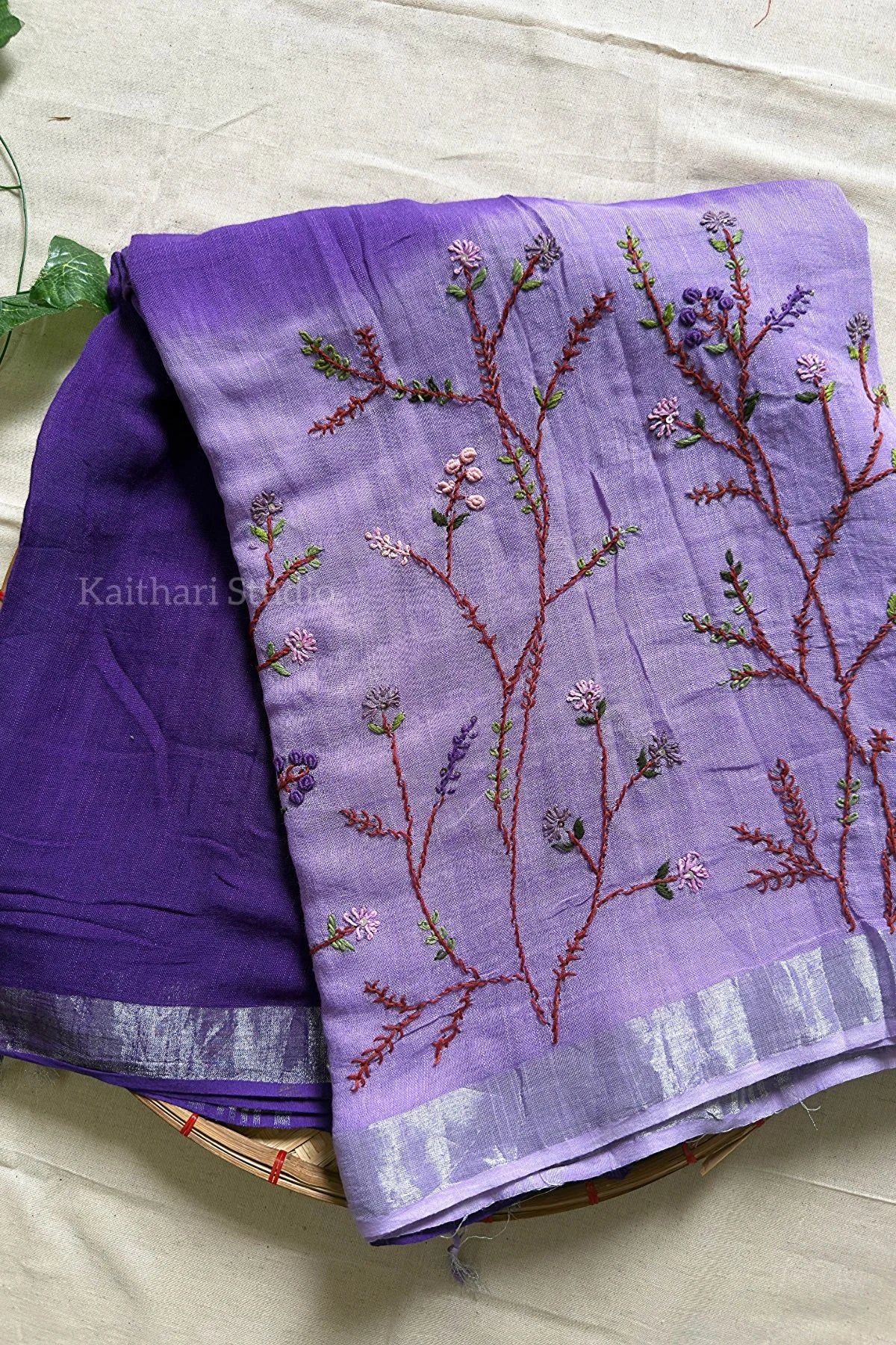 Hand Embroidered Linen Cotton Saree- Lavender - KS082