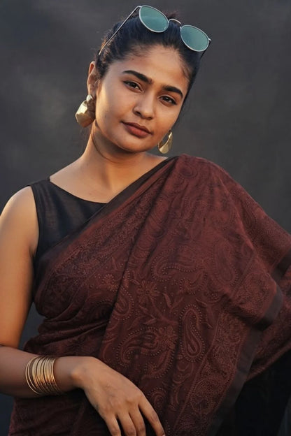 Chikankari Embroidery Mul Cotton Saree - Brown - KS098