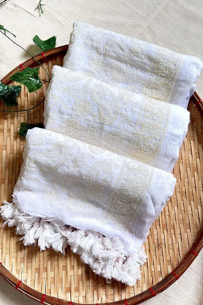 Chikankari Embroidery Mul Cotton Saree - Cream White - KS100