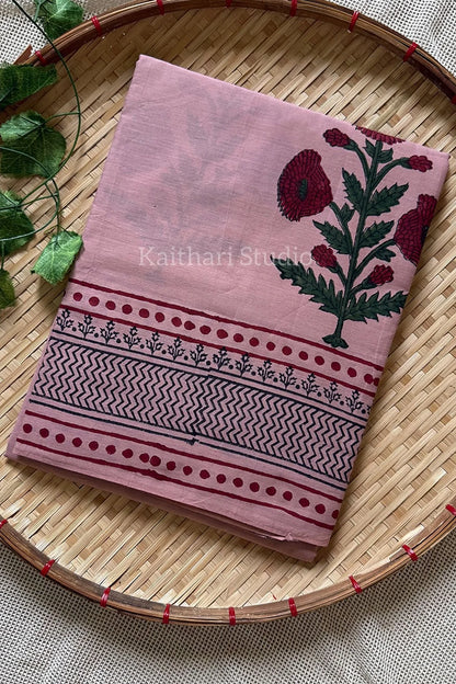 Handblock Printed Mul Mul Cotton - Peach - KS002