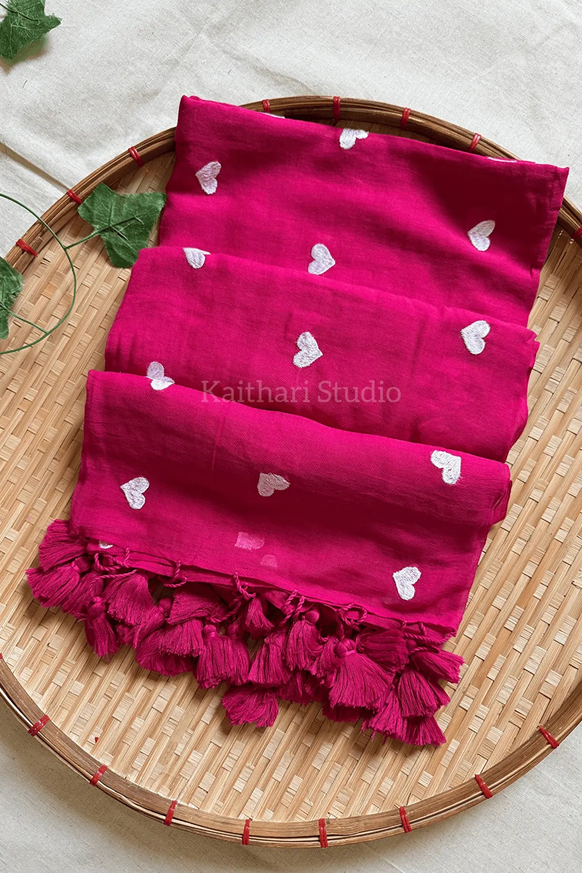 Heart Embroidery Mul Cotton Sarees - Dark Pink- KS043