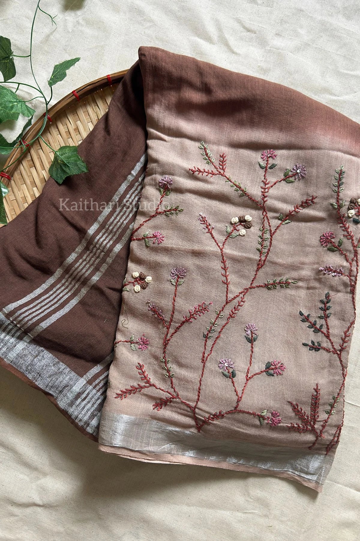 Hand Embroidered Linen Cotton Saree- Chocolate- KS084