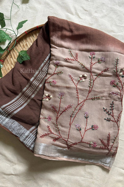 Hand Embroidered Linen Cotton Saree- Chocolate- KS084