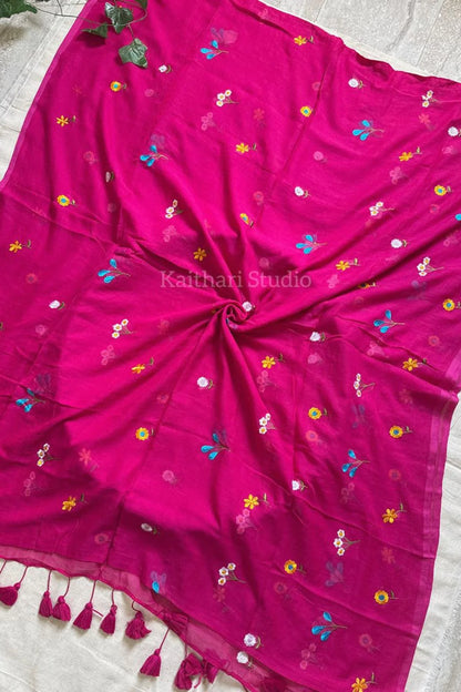 Multicolor Embroidery Mul Cotton Saree – Pink - KS093