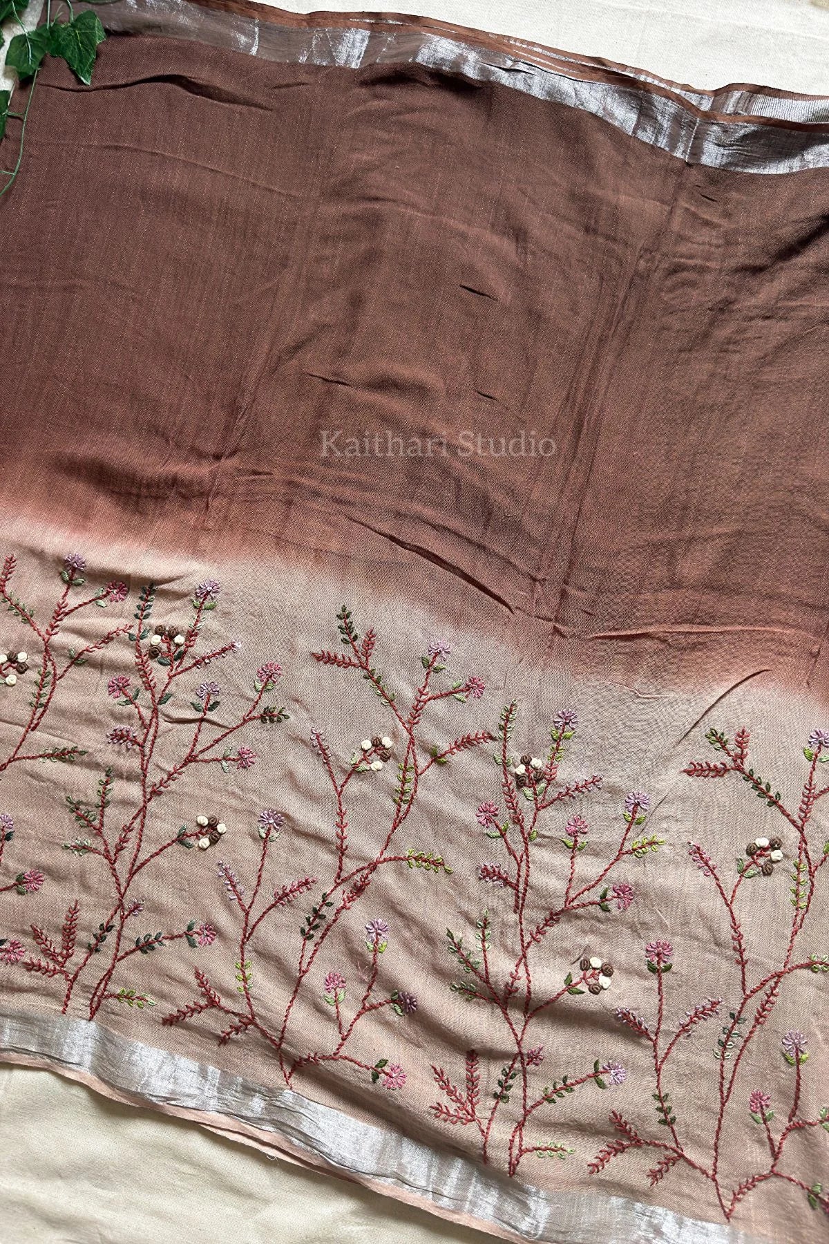 Hand Embroidered Linen Cotton Saree- Chocolate- KS084
