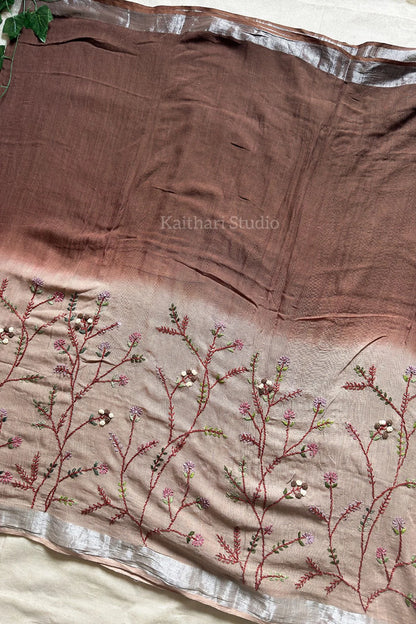 Hand Embroidered Linen Cotton Saree- Chocolate- KS084